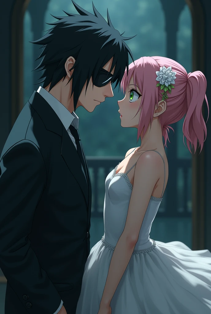 Sasuke Uchiha a 30 year old man with black eyes and hair wearing a dark suit and an eye patch watching Sakura Haruno a 20 year old girl with green eyes and light pink hair dressed as a ballet dancer