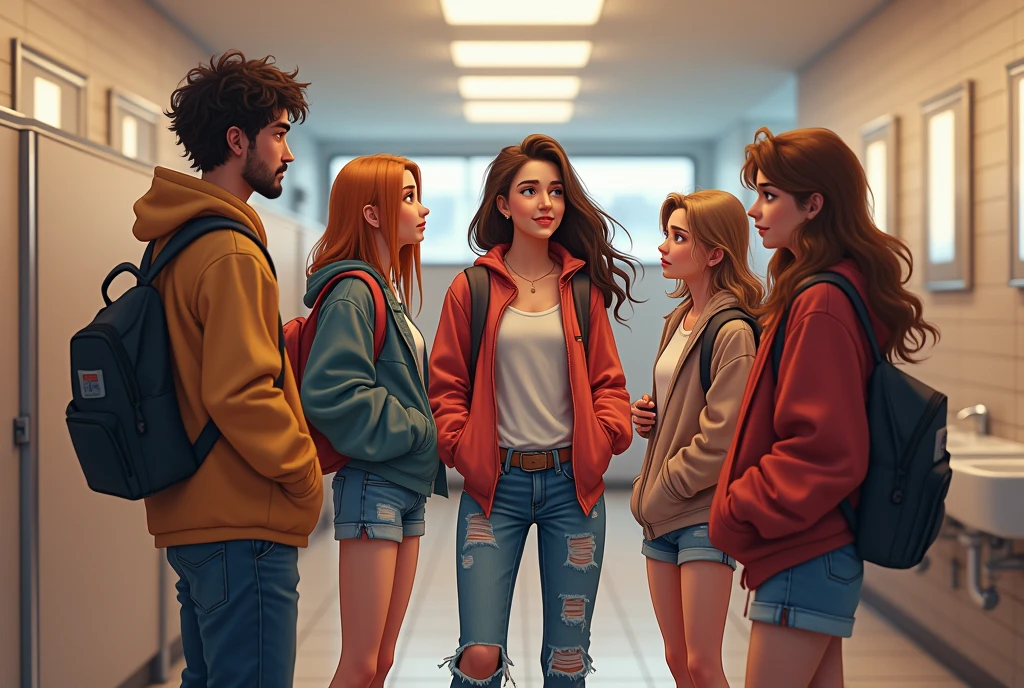 In the toilet at the shopping mall、With friends dressed in skater clothes、 girl、foursome