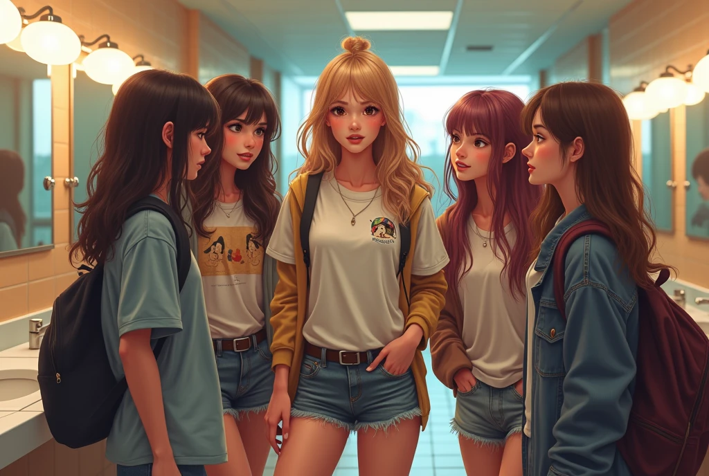 In the toilet at the shopping mall、With friends dressed in skater clothes、 girl、foursome
