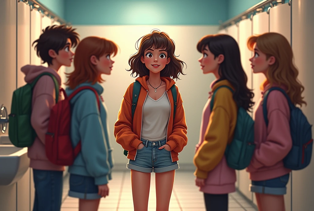 In the toilet at the shopping mall、With friends dressed in skater clothes、Teenage girl、foursome