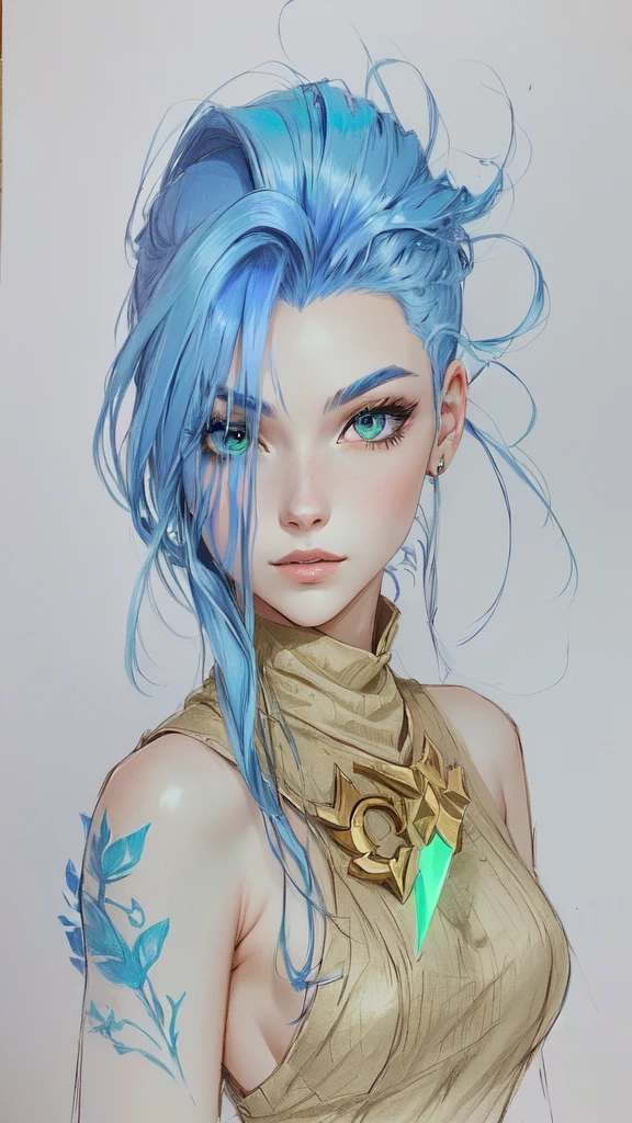 drawing of a woman with blue hair and a green scissors, full color drawing, colored drawing, high quality colored sketch, portrait of jinx from arcane, colored sketch, samira from league of legends, girl with blue hair, portrait knights of zodiac girl, colored lineart, inspired in kris from deltarrune, a color pencil sketch, color drawing, anime style character