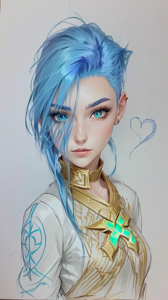 drawing of a woman with blue hair and a green scissors, full color drawing, colored drawing, high quality colored sketch, portrait of jinx from arcane, colored sketch, samira from league of legends, girl with blue hair, portrait knights of zodiac girl, colored lineart, inspired in kris from deltarrune, a color pencil sketch, color drawing, anime style character