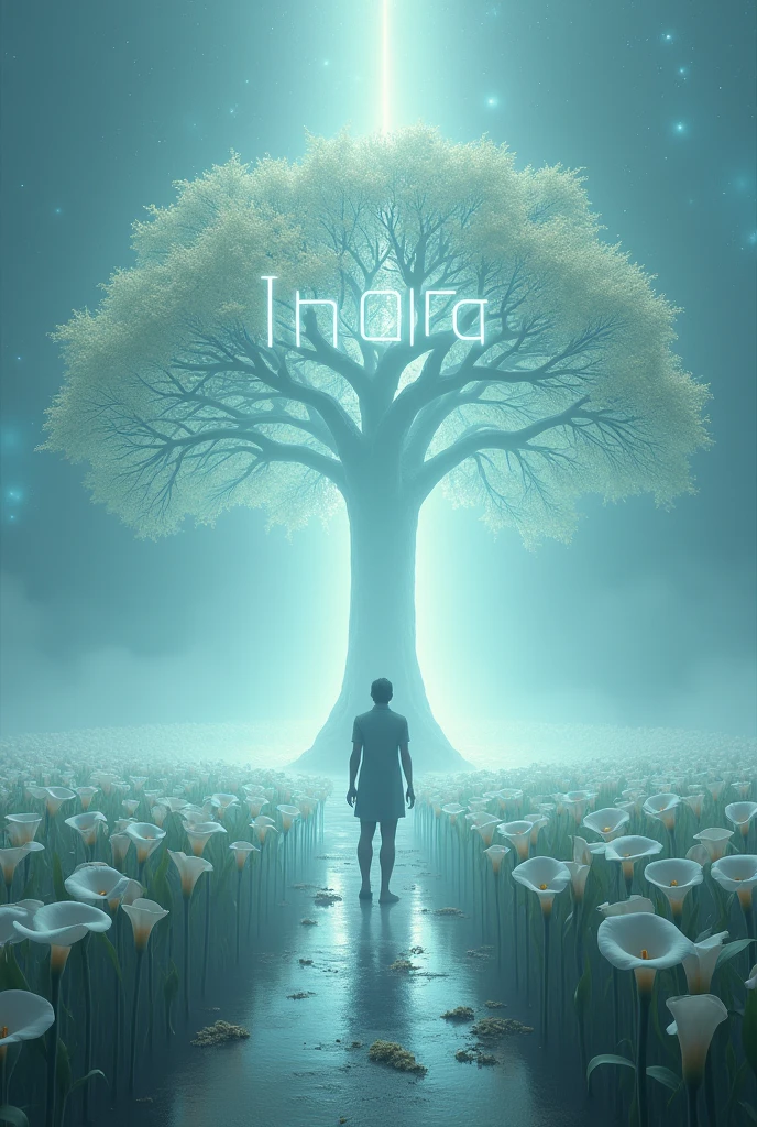 person facing a white glowing tree with their right hand raised. Trail of flowers calla lilies written "indra" in the middle of the image