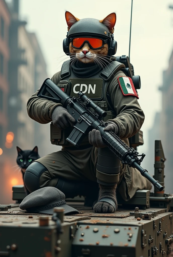 A cat with an AK in its hand, a bulletproof vest with the letters CDN, a modern military helmet and camouflage clothing on top of a narco tank with a beret seen with the Mexican flag and a black and white cat.
