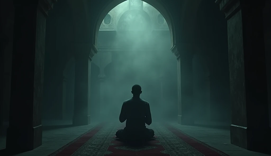(Horror Story Title : night behind the door of the old mosque)
Scene 6: Hasan Praying and Hearing Footsteps - Picture of Hasan prostrating himself in prayer in a dark mosque.
- There was the sound of slow footsteps coming from behind Hasan, but the atmosphere remains silent and tense.