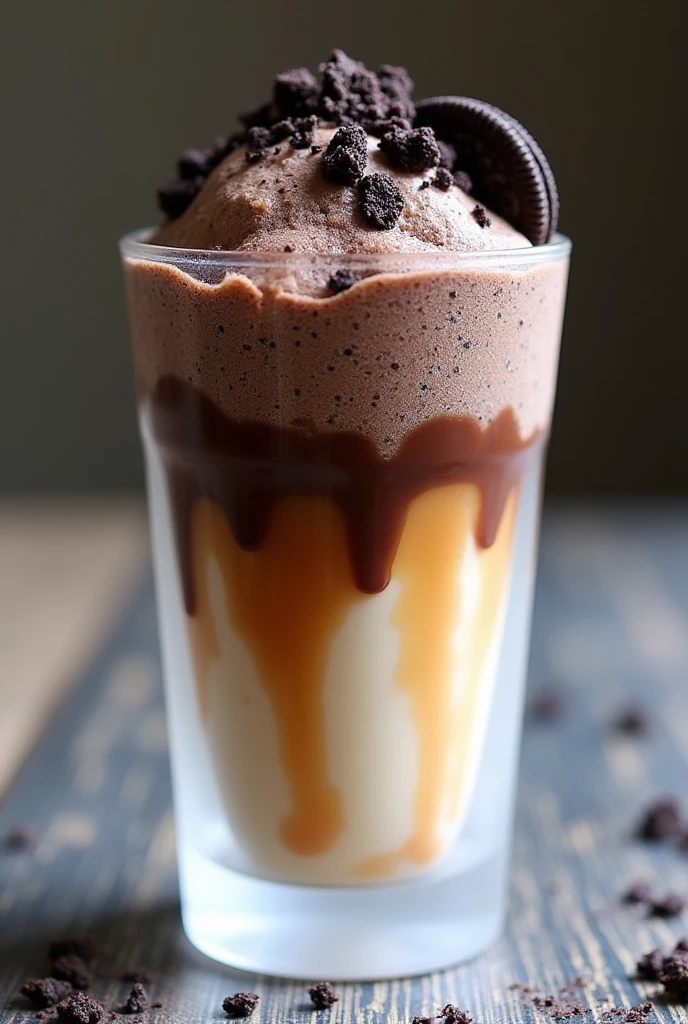 Homemade chocolate and caramel granita in a white glass with oreo cookies in pieces on top