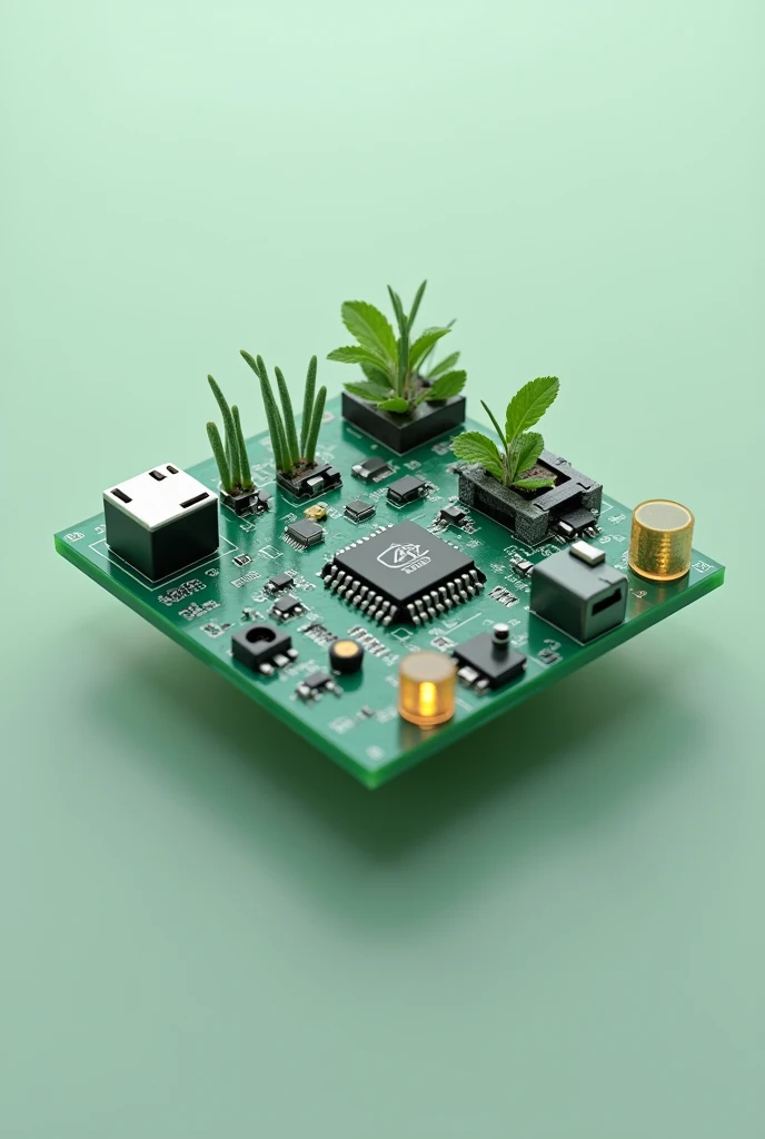 Generates an image of a compact electronic module that includes a small microcontroller in the center, surrounded by four sensors: one of temperature and humidity, one of gas detection, one pH and one biological. The module is assembled on a printed circuit board (Pcb) small size, with a built-in battery and with NFC or Bluetooth antenna for wireless communication. The design is simple and compact, suitable for integration into a biodegradable bag. Make the background transparent to see the details of the circuit