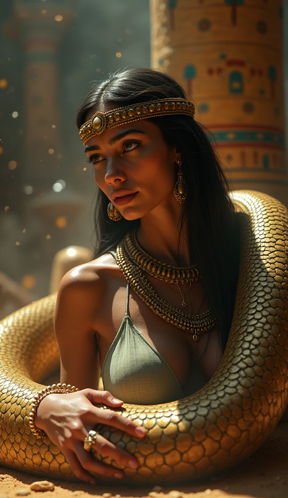 Close-up shot, Low angle shot, (A surreal, dreamlike image of Cleopatra in the process of transforming into a serpent. Her body is beginning to morph: her legs fused into a serpent’s tail, her skin taking on a slight sheen of scales. Her expression is one of calm acceptance. The background is a blend of ancient Egyptian motifs and swirling, mystical energy, giving the sense of a divine transformation.) unreal engine, cinematic, hyper-real, highly detailed, Ultra realistic HD --q 2 --v 6.1 --ar 9:16