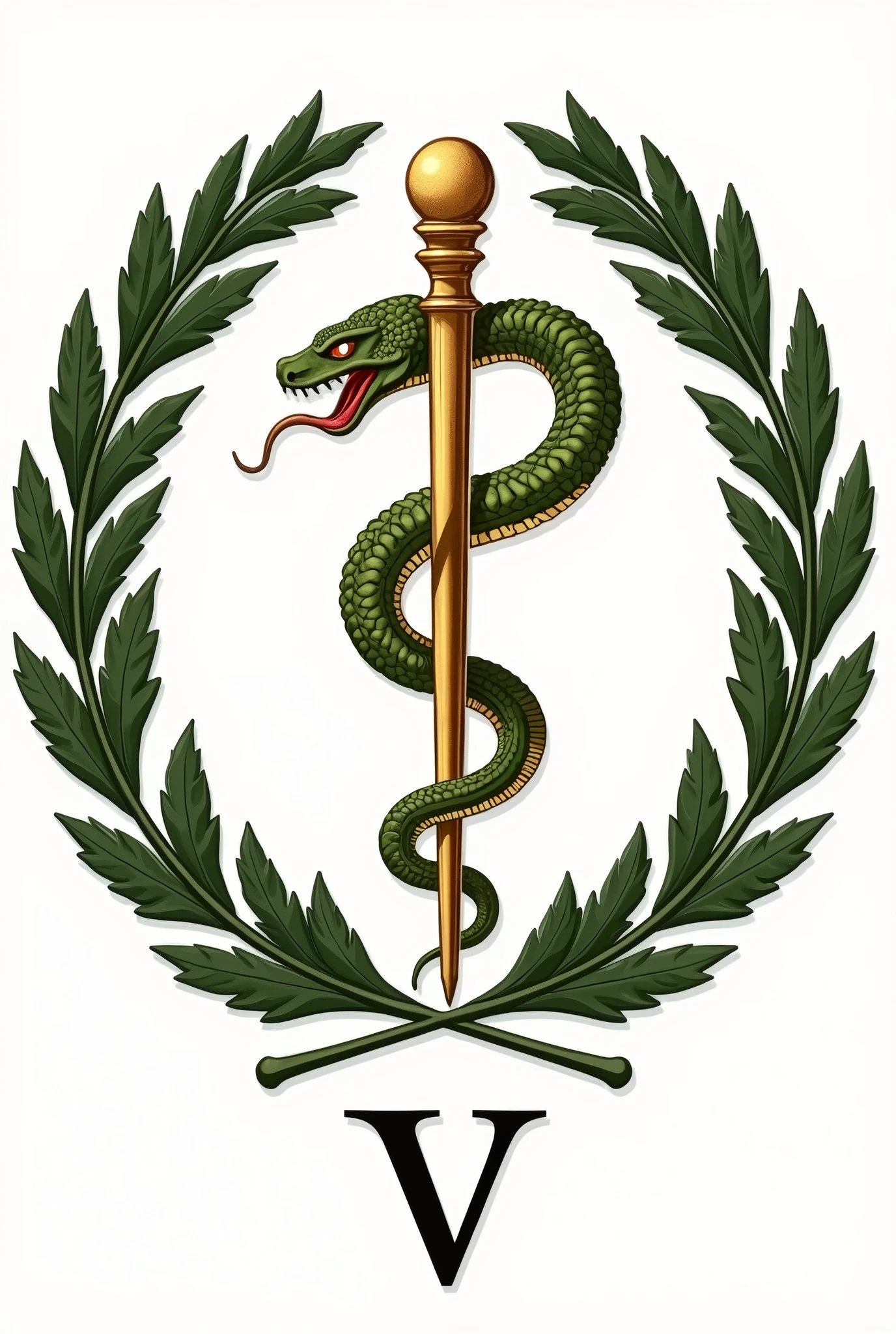 Asclepius: The serpent wrapped around a healing and medicine stick. On the coat of arms of veterinary medicine, a serpente pode aparecer em volta da letra V
Ramos de oak tree e bay leaves: These branches usually surround the main symbol., representing strength (oak tree) and victory (bay leaves).
With the letter V at the bottom.