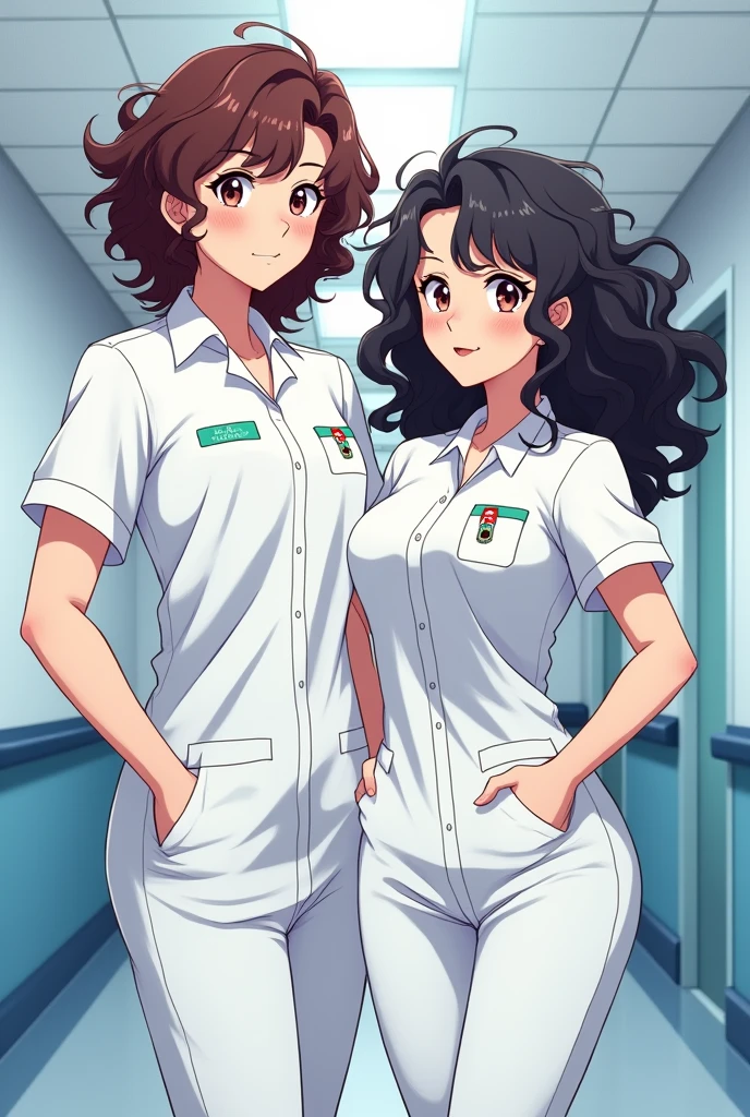 Man and woman curly hair couple of professional anime nurses