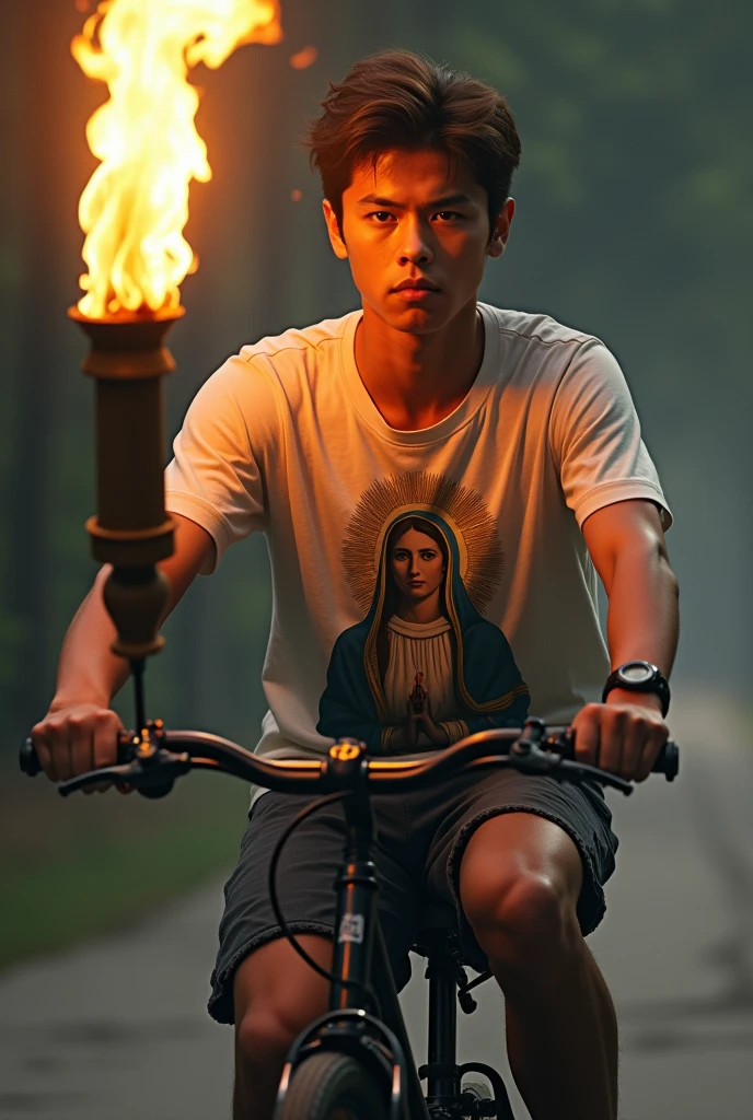 Image of a young man on a bicycle with a torch in his hand wearing a Virgin Mary T-shirt
