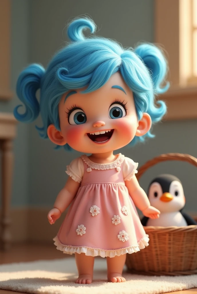 A very very  Smile on face
with very curly blue hair, a pink dress with a picture of white roses on it, a wooden basket with a penguin inside.