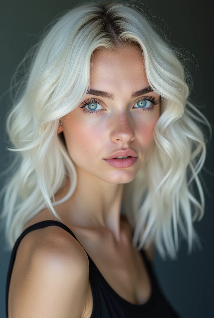 Elegant female model with white hair and dark roots.
age 20 years.
light blue eyes.
Eyes looking at camera with playful and confident face.
Pretty hair, healthy and nourished.
Curly shoulder length hair.
very pale skin (white)
brown eyebrows.
Slim and small model body.
Feminine and delicate face.
full lips.
Natural Eyelashes, long and pretty.
He has a slightly elongated face with a slightly divided chin..
Woman without clothes.
Russian girl. He has a perfect body, without physical abnormalities.
Totally symmetrical body.
professional image.
half body image.
In the image it is daytime.