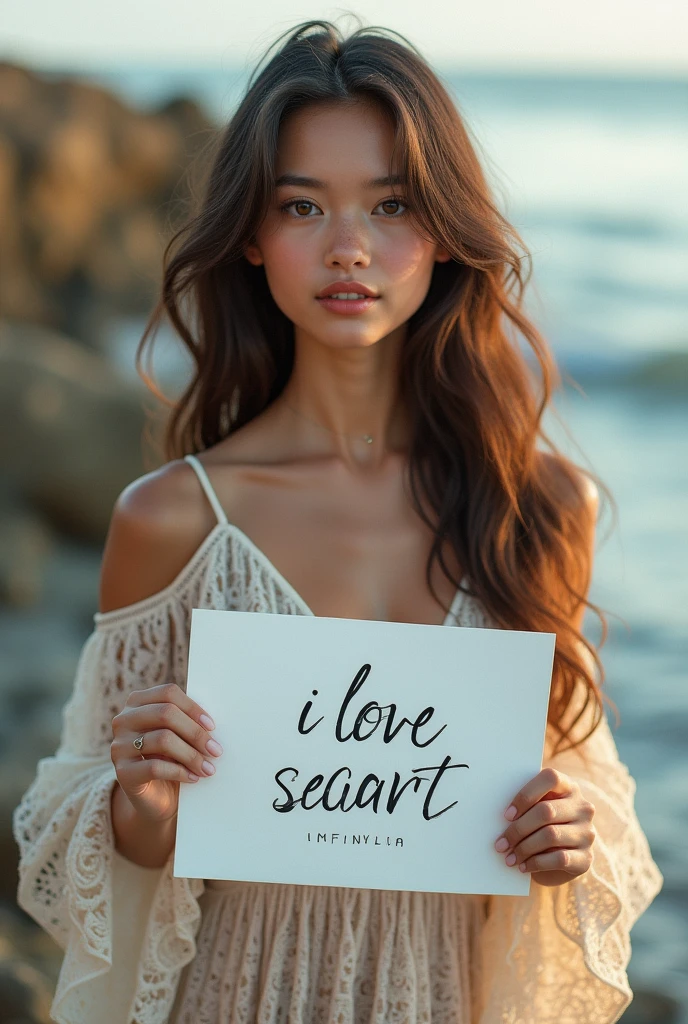 Beautiful girl with wavy long hair, bohemian dress, holding a white board with text "I Love Seaart Infinity" and showing it to the viewer