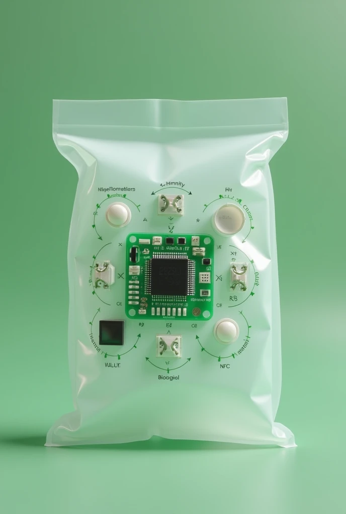 Generates an image of a compact electronic module that includes a small microcontroller in the center, surrounded by four sensors: one of temperature and humidity, one of gas detection, one pH and one biological. The module is assembled on a printed circuit board (Pcb) small size, with a built-in battery and with NFC or Bluetooth antenna for wireless communication. The design is simple and compact, suitable for integration into a biodegradable bag. Make the background transparent to see the details of the circuit