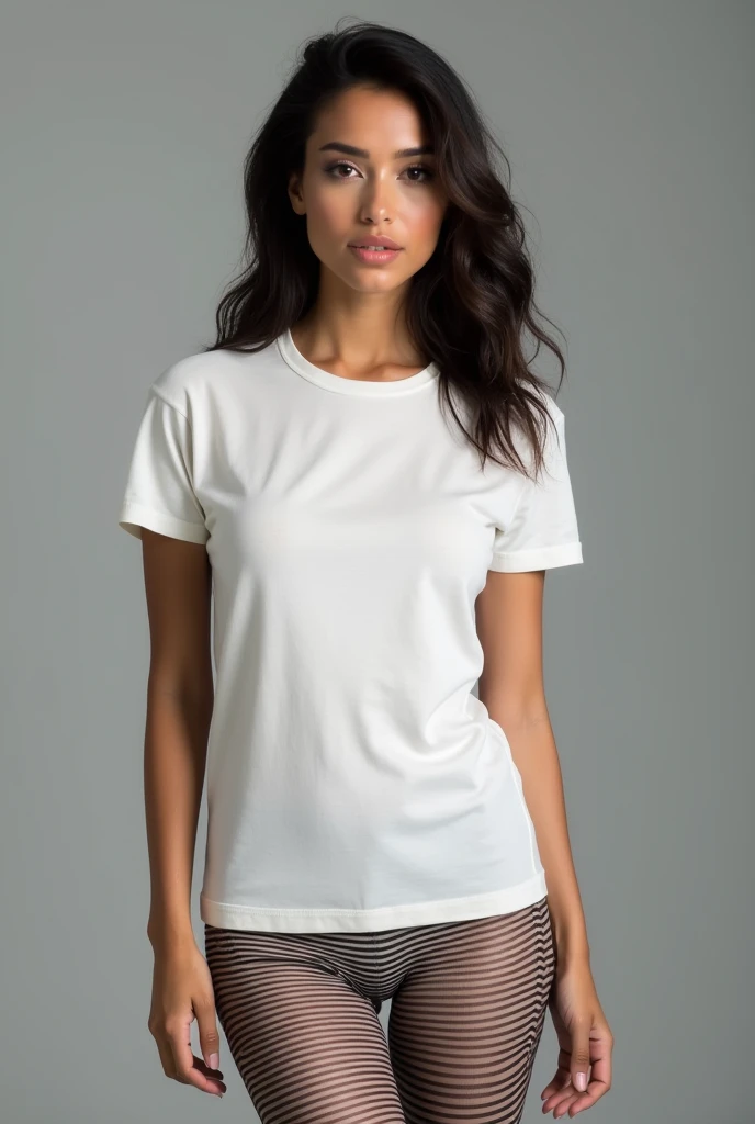 beautiful latin woman, standing straight facing forward,with white t-shirt, Jeans, on a greyish background, cotton t-shirt texture, fitted t-shirt, round neck, striped tights. Medium camera shot