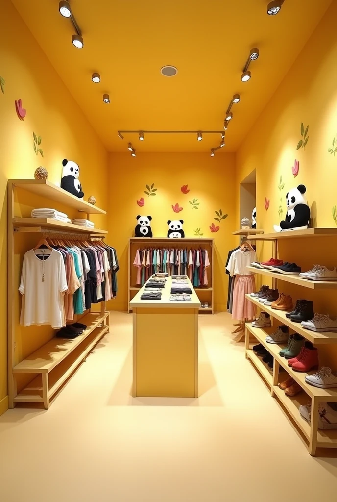 Decoration of a panda-themed clothing boutique with a vanilla yellow background
