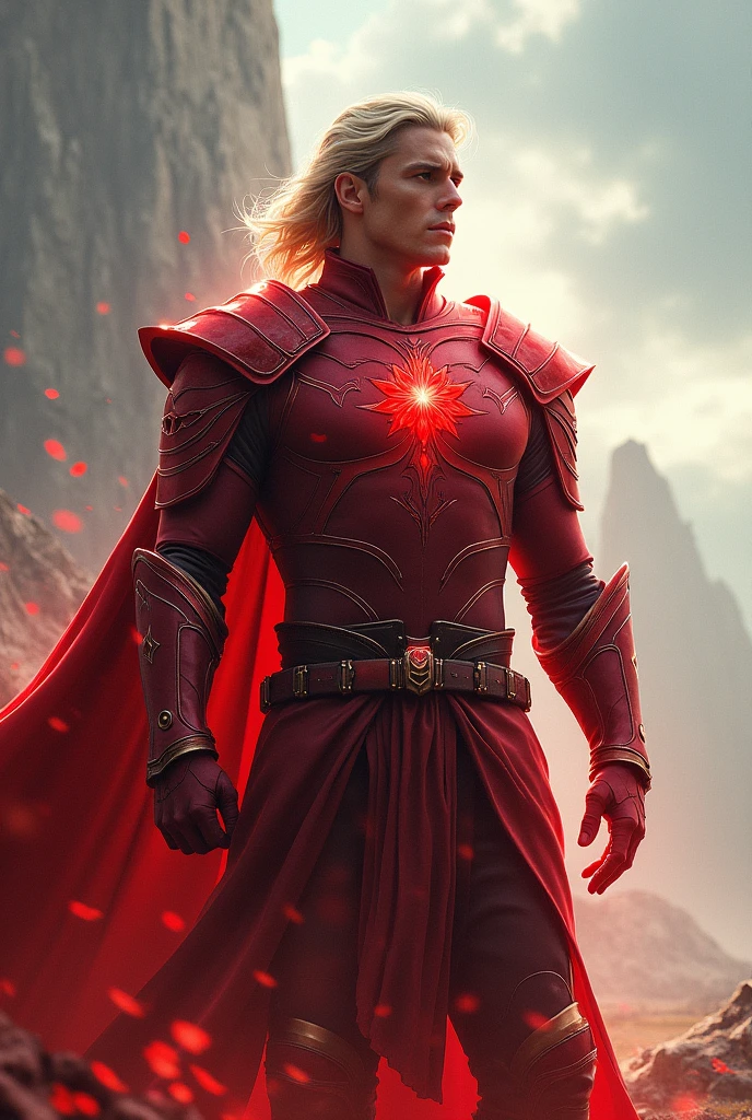 Create a man with blond hair and medium length hair with red armor that emanates an aura 
