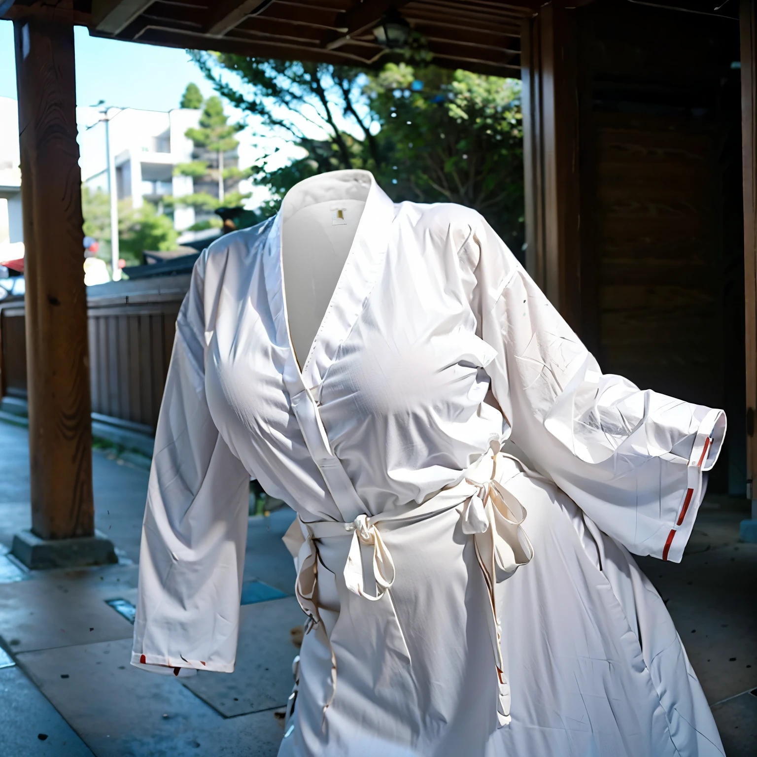 (invisible:1.5, no humans:1.5, headless:1.5, faceless:1.5), (very big breasts:1.5), miko clothes, long sleeves, detached sleeves, side breasts, long hakama, hakama skirt, leaning forward, (8k, RAW photo, best quality, masterpiece:1.2), (realistic, photo-realistic:1.37), photon mapping, radiosity, ((Hasselblad photography)), physically-based rendering