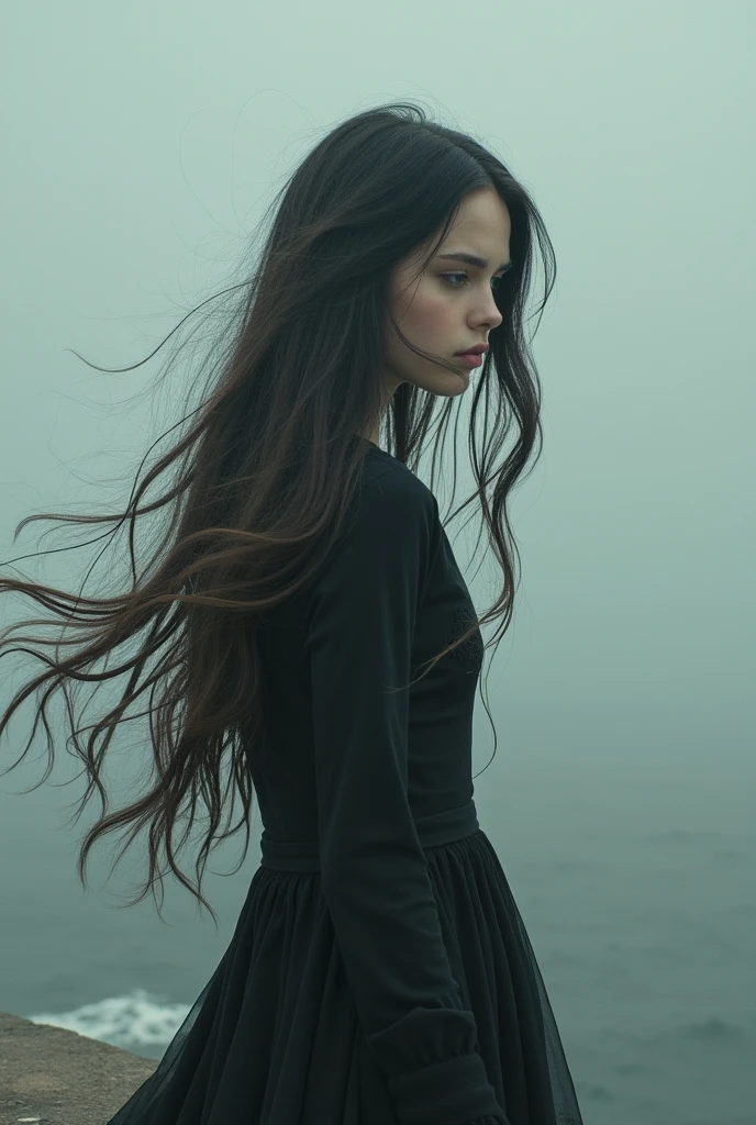woman with long hair standing on a ledge , A portrait of a suicidal girl, young with long hair, beautiful girl, girl with long hair, photo of the girl, portrait of a depressed girl, portrait of a sinister girl, girl with super long hair, wind in the hair, long-haired girl, wind in long hair, With long hair