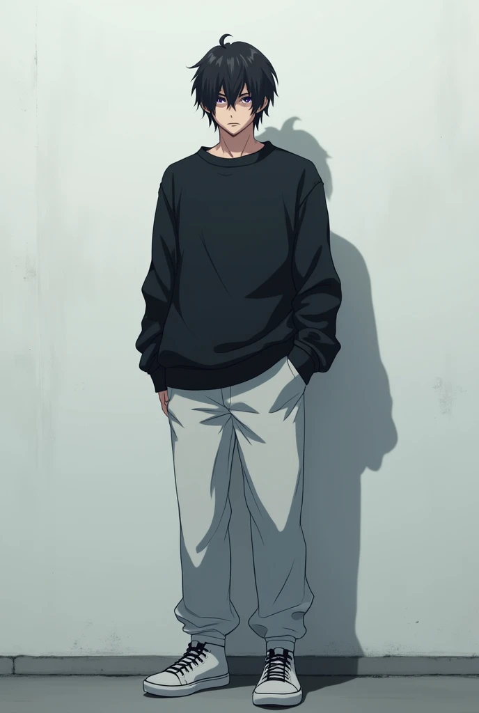 The image is anime style although somewhat dark and adult., A 2 man appears in it. He is standing in front of a white wall, He looks almost turned, almost completely on his back, He has medium-long hair and dark black eyes.. He appears serious and calculating.. He is wearing a very dark oversized black sweater and white pants.. He also wears completely white sneakers with no details and black laces..