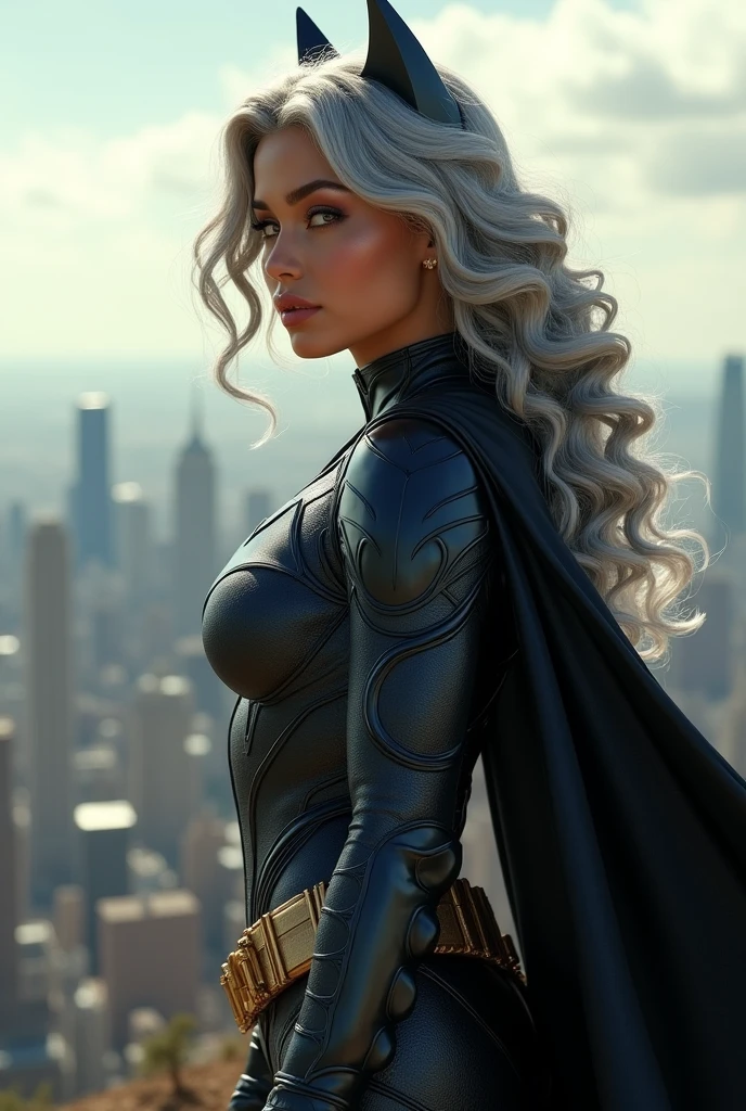 A beautiful youthful looking Hispanic version of a gray haired Ariana Grande as a 50 years old woman with long her completely gray hair in a big curls styles as the superhero batwoman wearing a batwoman costume standing on top of a hill overlooking a big city