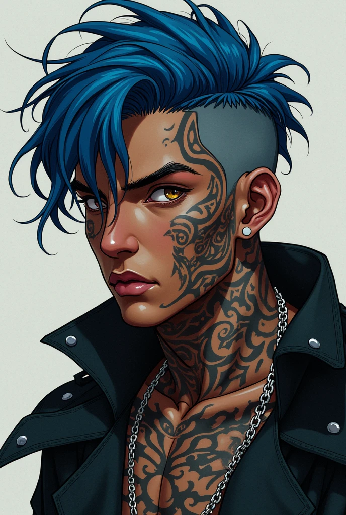 black male, blue disguised hair brown eyes, with a sewing tattoo all over his body .
He wears cyberpunk pants, Adidas sneakers and a Jujutsu Kaisen overcoat.