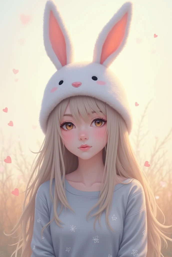 one with long hair and a bunny hat wearing a gray shirt with a star