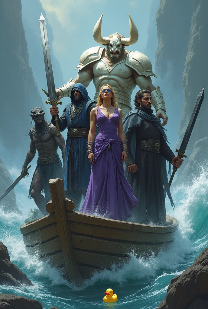 5 figures stand on a boat in the seas of chaos;
A large minotaur with glowing white plate armor and a sword made of shadows, A woman with black hair wearing a white blindfold and purple robes, A black lizard man in a blue tunic and wielding two daggers, A black bird man in black robes with huge black wings sitting behind him, A four armed man with a mask made of solid steel and blue and black robes that flow around him. A cleric of death with beautiful blond hair and beard in heavy black armor and wielding a long black sword. A rubber duck is in the background.