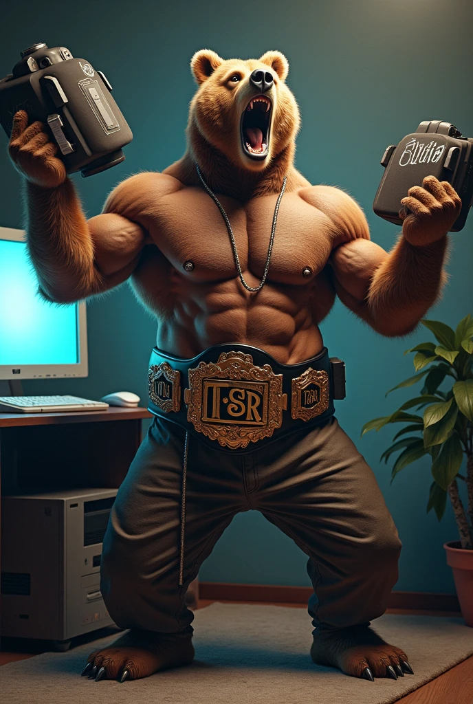 Main character: A very muscular brown bear, standing and shirtless. He wears baggy pants and a wrestling belt with the letters "T S R" In the middle.
Accessories: In one hand he holds a bazooka with the name “BDGA” written on it.. On the other hand, the bear is holding a computer keyboard.
around: In front of the bear is a blank computer screen.. The screen is visible from the side so that it can be seen clearly..
action: The bear is rapping to the inert monitor, as if he were in full performance in front of the screen.
Additional Details: The bazooka must be prominent and eye-catching, and the wrestling belt must be clearly visible and detailed.