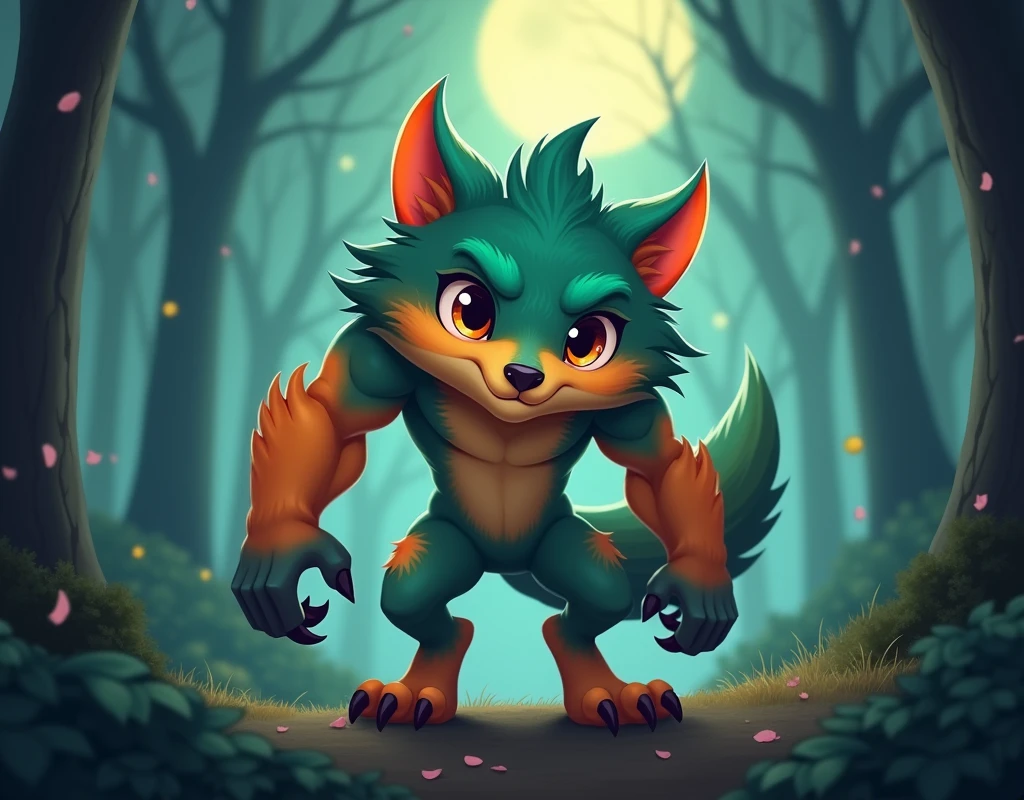 An anthropomorphic creature resembling a werewolf, with a muscular and athletic human-like body. The creature should have a cute, wide-eyed face with large ears, similar to the one in the reference image, retaining its innocent and adorable expression. The entire body should be covered in thick, vibrant fur with a mix of teal, orange, and greenish colors, transitioning smoothly across its form. The hands and feet should be clawed, resembling a werewolf’s, with strong, sinewy limbs. Position the creature in a dynamic, yet playful stance, set in a dark, mystical forest, with moonlight casting soft, magical shadows through the trees.
