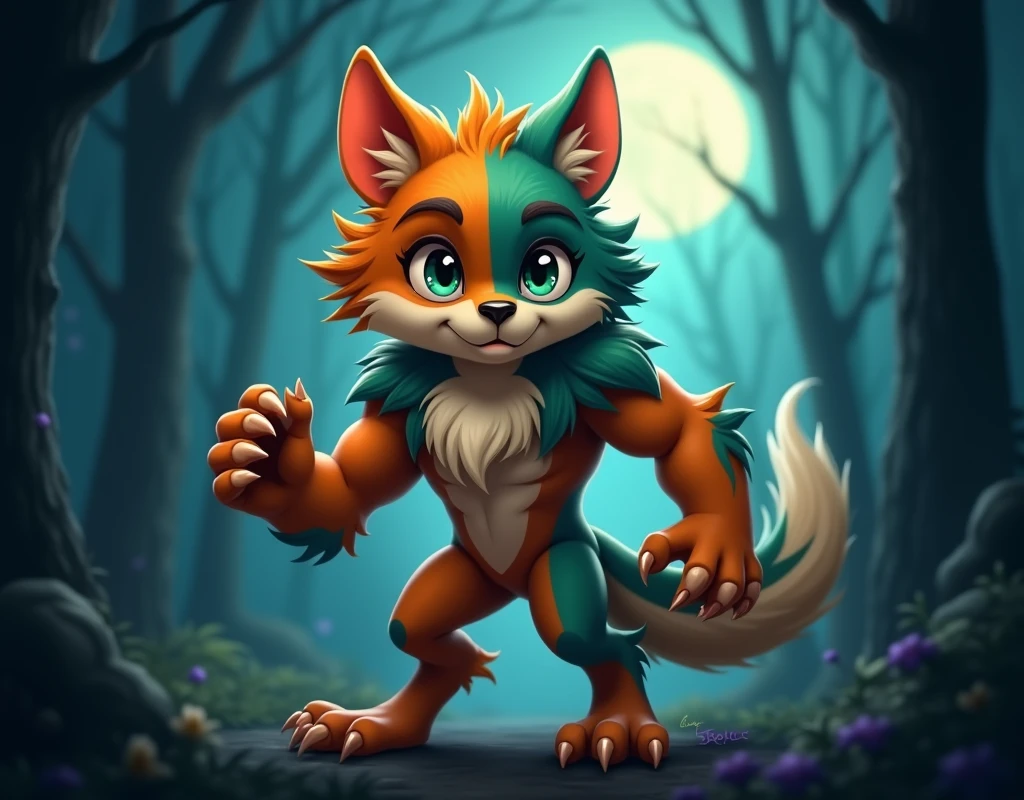 An anthropomorphic creature resembling a werewolf, with a muscular and athletic human-like body. The creature should have a cute, wide-eyed face with large ears, similar to the one in the reference image, retaining its innocent and adorable expression. The entire body should be covered in thick, vibrant fur with a mix of teal, orange, and greenish colors, transitioning smoothly across its form. The hands and feet should be clawed, resembling a werewolf’s, with strong, sinewy limbs. Position the creature in a dynamic, yet playful stance, set in a dark, mystical forest, with moonlight casting soft, magical shadows through the trees.
