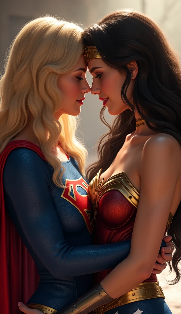 A very beautiful blonde Supergirl and a very beautiful brunette Wonder Woman are embracing each other。、Looking into the camera, whole body, Looking into the camera, Watery eye