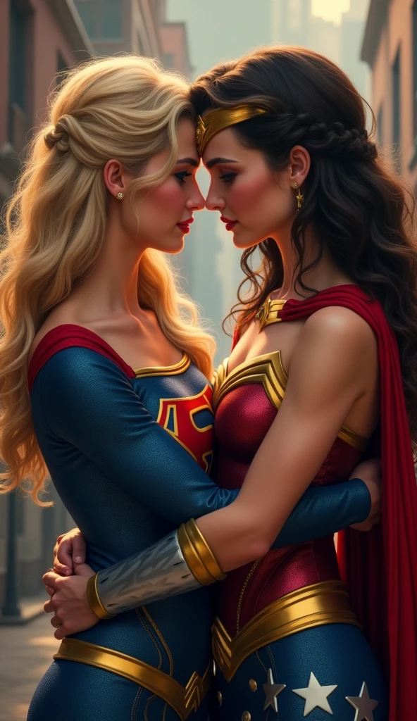 A very beautiful blonde Supergirl and a very beautiful brunette Wonder Woman are embracing each other。、Looking into the camera, whole body, Looking into the camera, Watery eye