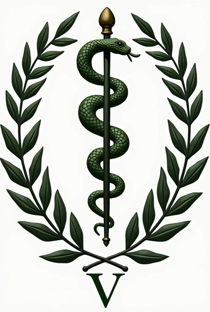 Asclepius: The serpent wrapped around a healing and medicine stick. On the coat of arms of veterinary medicine, a serpente pode aparecer em volta da letra V
Ramos de oak tree e bay leaves: These branches usually surround the main symbol., representing strength (oak tree) and victory (bay leaves).
With the letter V at the bottom.