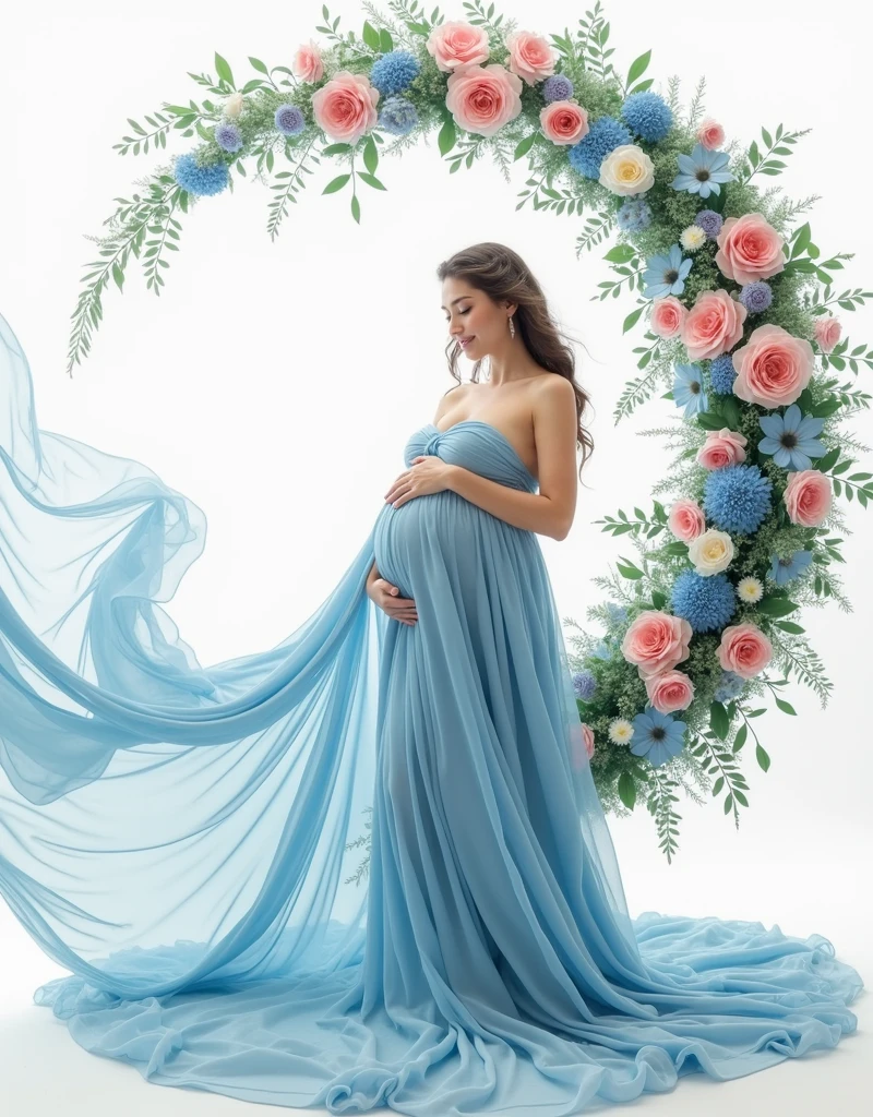 pregnant woman in blue dress standing in front of a floral wreath, a colorized photo by Marie Angel, pinterest, art photography, maternal photography 4 k, cyan photographic backdrop, light blue dress portrait, flowing gown, beautiful flowing fabric, blue swirling dress, sky - blue dress, ethereal and dreamy theme, wearing a flowing dress, endless flowing ethereal drapery, gown