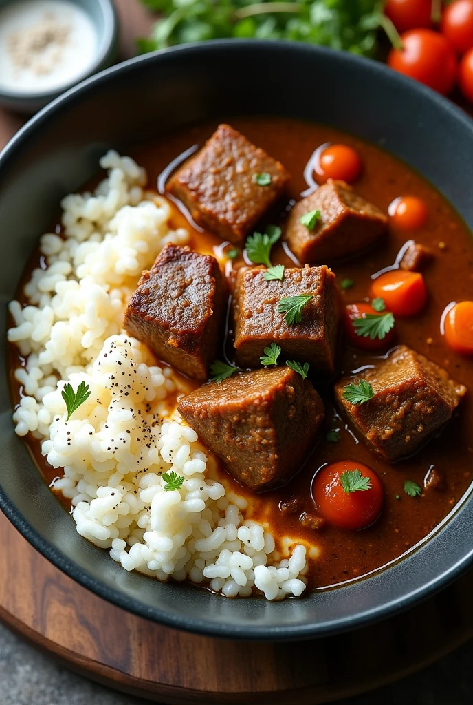 Lamb stew with white rice, aerial photography, taken from above, 4k, realist
