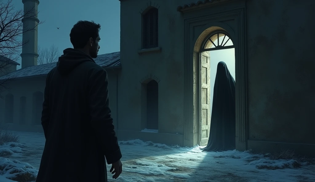 (Horror story title : Night behind the door of the old mosque)
Scene 7: Mysterious Figure at the Door - Picture of Hasan looking towards the mosque door after finishing prayers, and saw a tall figure in a black robe with a covered face standing there.
- The figure looks silent, but his presence brought a piercing cold.