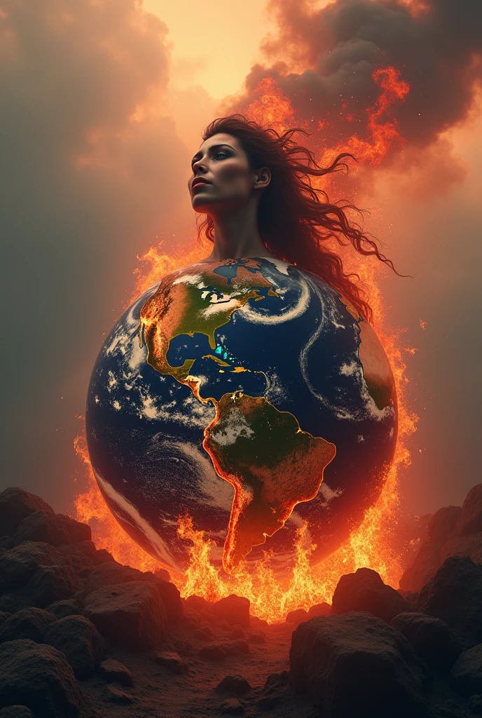 ultra realistic image of mother earth gaia containing the flames of the fires on planet earth, more specifically in Brazil, convey depth, in the background pink smokes