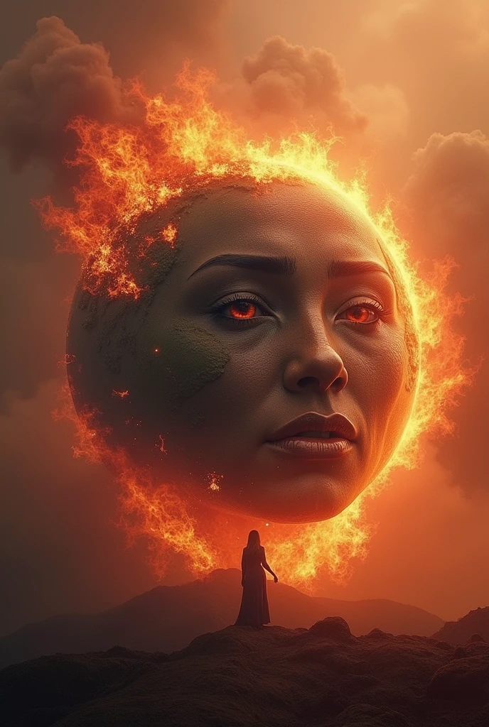 ultra realistic image of mother earth gaia containing the flames of the fires on planet earth, more specifically in Brazil, convey depth, in the background pink smokes