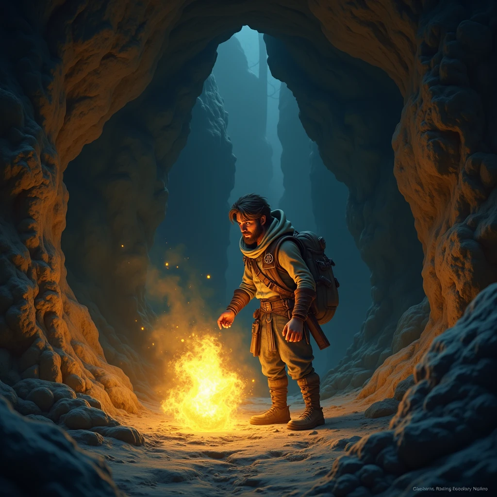 Inside a hidden cave, Kael discovers a glowing magical artifact, his light illuminating the dark cave around him."