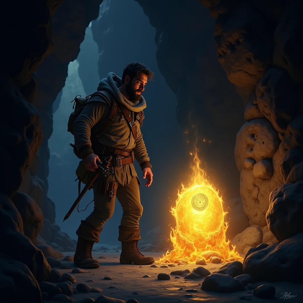Inside a hidden cave, Kael discovers a glowing magical artifact, his light illuminating the dark cave around him."