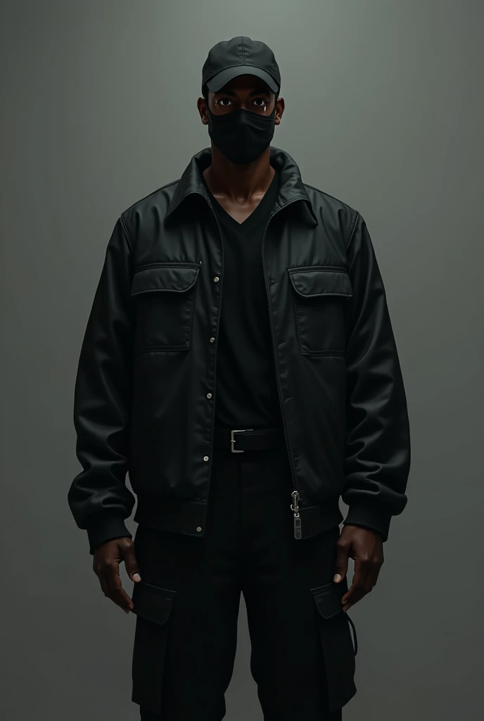 Tall, black-skinned man, wearing black surgical mask, Black cap, Black jacke, black pants and black boots, tears are coming out