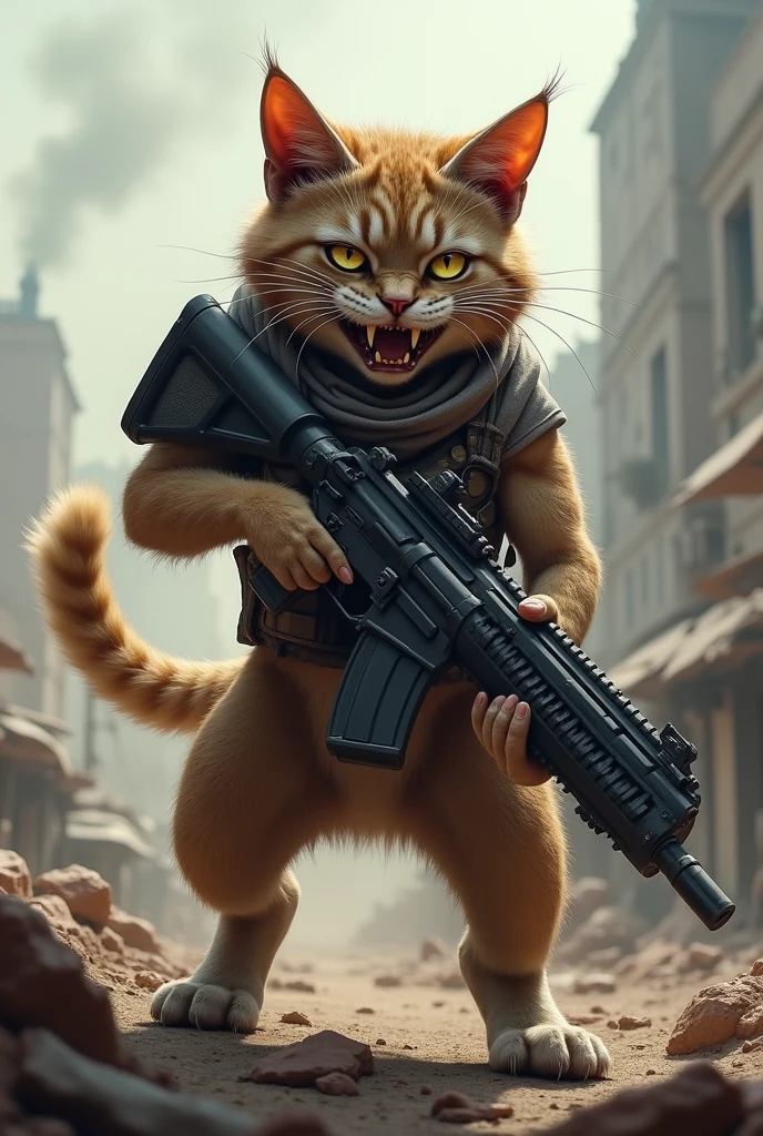 A cat with a machine gun
