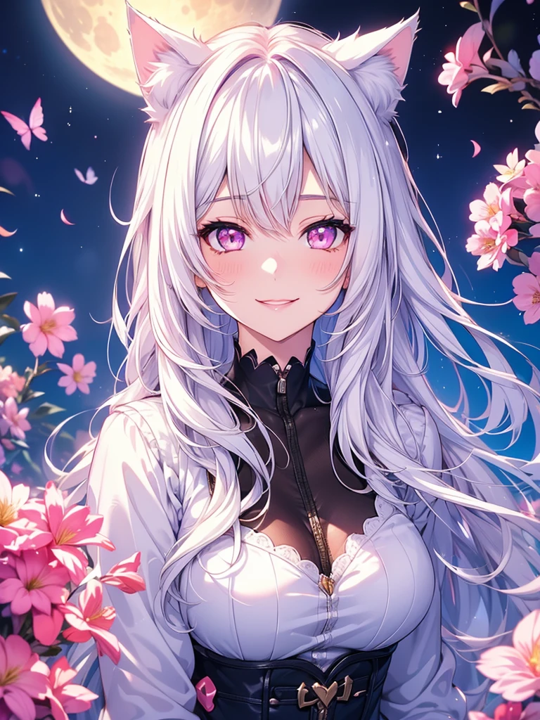 Cat ear,Awesome girl, naughty smile ,Night moon Full moon, 1 female, Mature Woman, A woman with long silvery white hair, Pale pink lips, Calm, intellectual, Pink Eyes,Flower