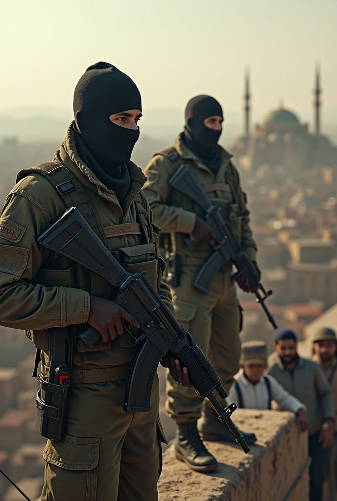 2 Men with Kalashnikovs on the Walls of Diyarbakir, People Are Looking at Them
