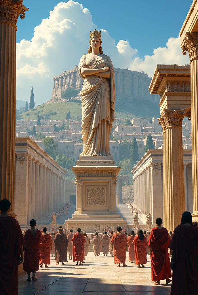City of Athens in ancient Greece in its glory with the statue of Athena 