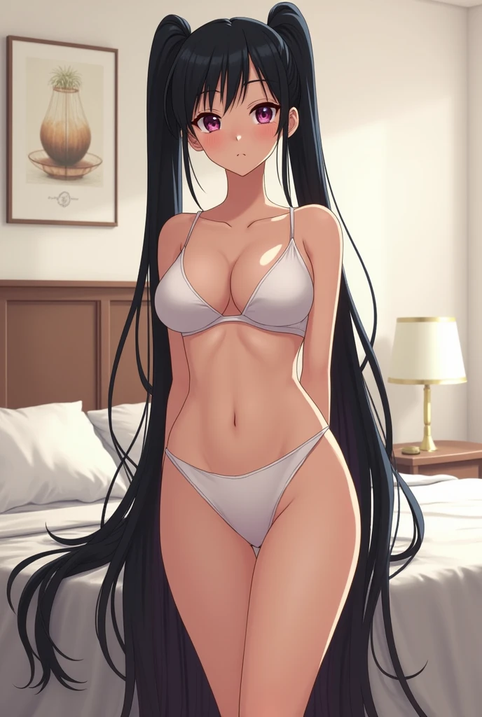 An anime woman with very large breasts, beautiful curves, she is standing next to a bed, she is wearing a white bra, she has completely straight hair, they are soft, silky, and bright, her hair reaches her leg, She is thin, has a cute face, and she is being shown from head to toe. She&#39;s wearing a double ponytail, she has black hair que chega no chão, she has super long hair that reaches the floor, she is facing, showing from head to toe, and you can perfectly see her ponytails that reach the floor, she has black hair