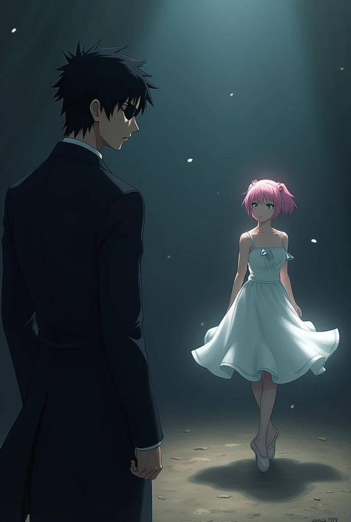 Sasuke Uchiha a 30 year old man with black eyes and hair wearing a dark suit and an eye patch watching from a distance a young woman named Sakura Haruno, 20 years old with green eyes and light pink hair dressed as a ballet dancer