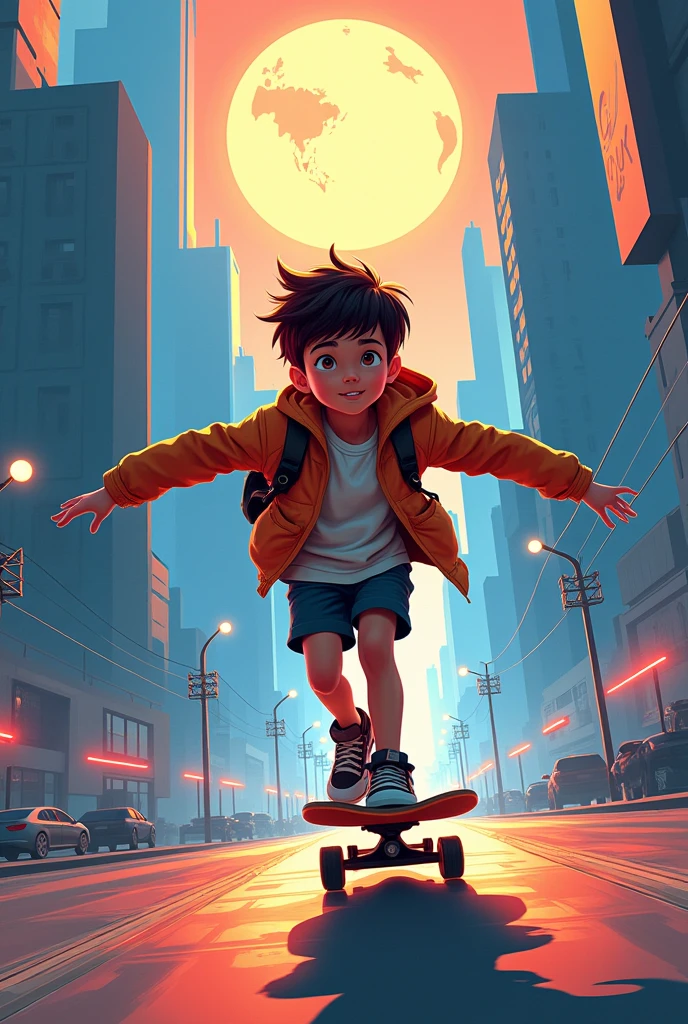 Boy on a skateboard traveling the globe, art in logo brand style, Fine art, minimalistic, cyberpunk, animation, street art